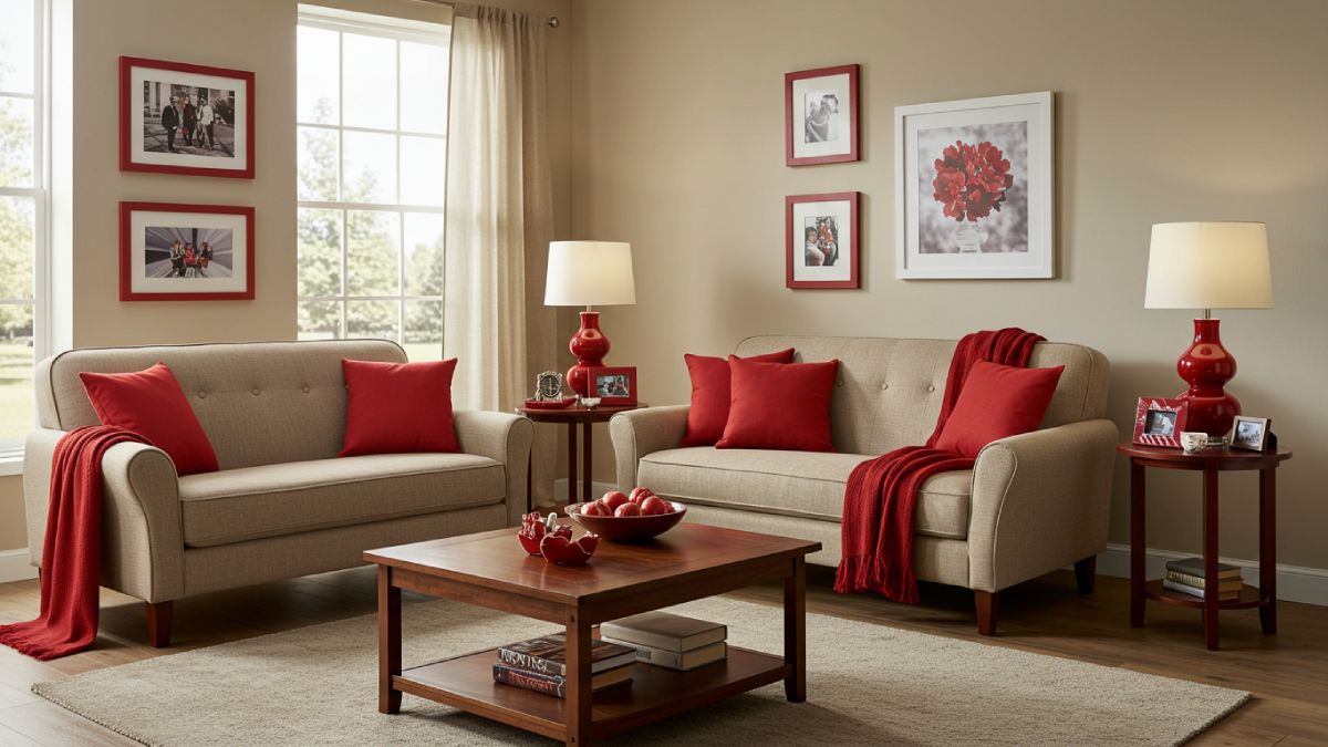 Inviting living room featuring multiple cherry red accents including pillows, a chair, and decorative elements.