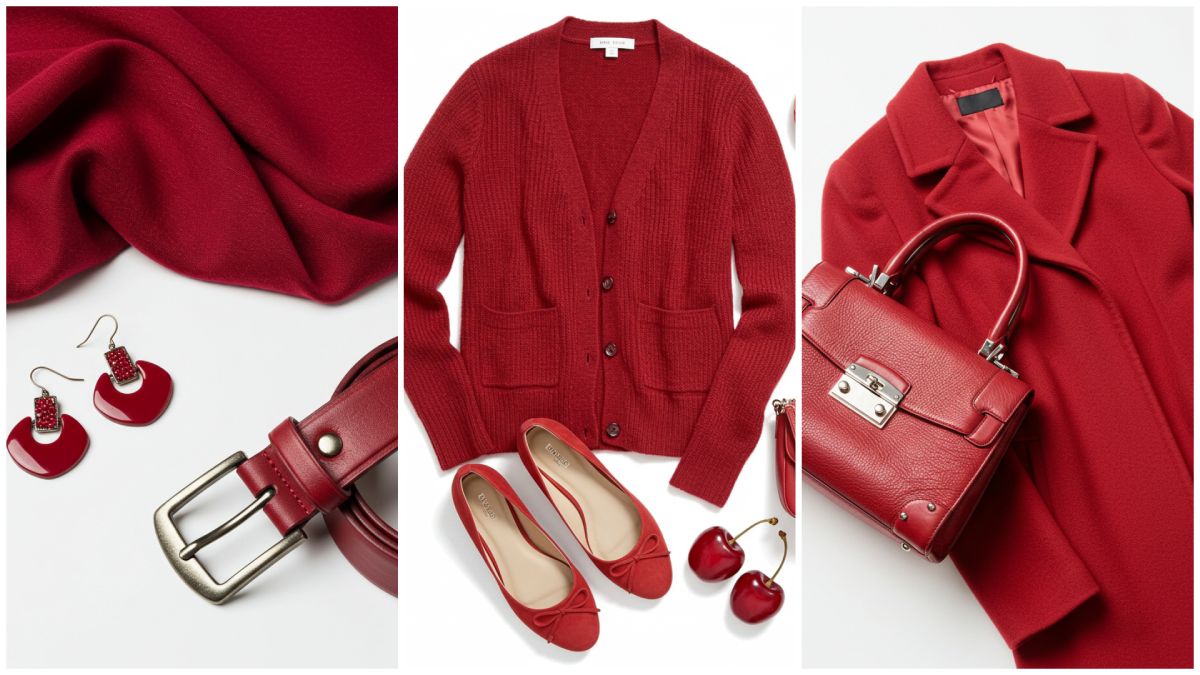 Flat lay showing cherry red fashion items at budget, mid-range, and luxury price points, including accessories, clothing, and footwear.