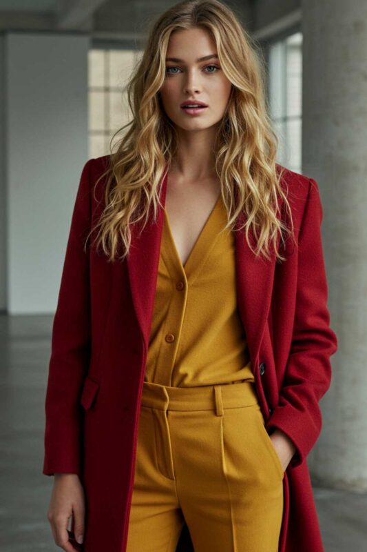 Blonde model in a cherry red wool coat, mustard yellow button-down shirt, and matching trousers.
