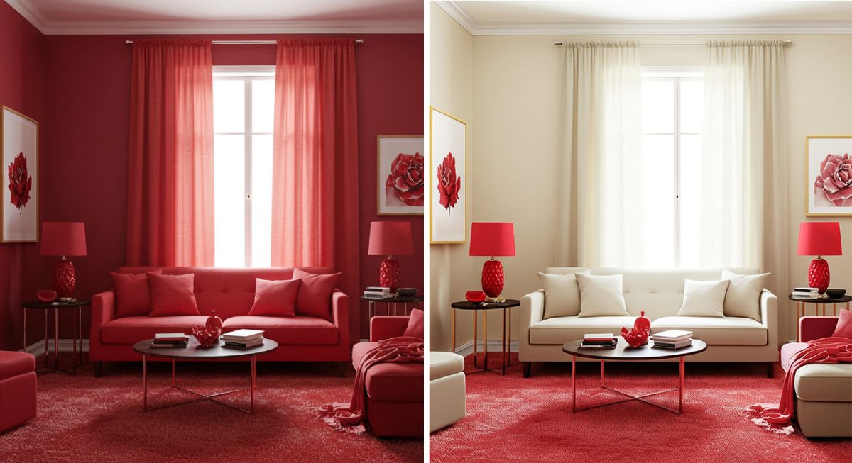Visual comparison showing the difference between balanced and excessive use of cherry red in interior design.
