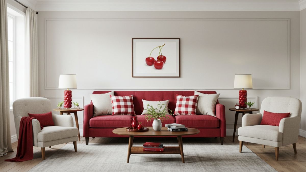 Modern living room with a statement cherry red velvet sofa against neutral decor.