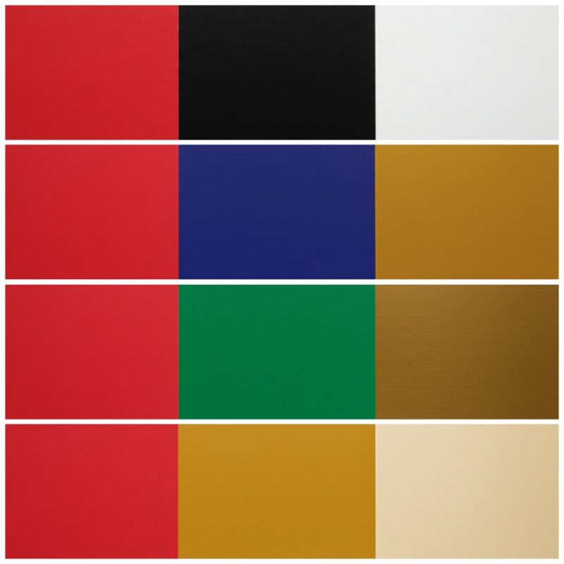 Four color palette boards displaying cherry red paired with complementary colors like neutrals, blues, greens, and yellows.