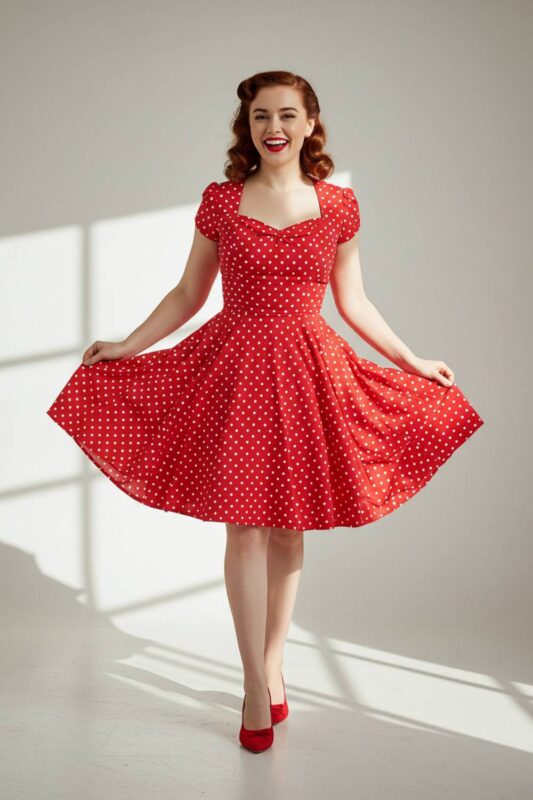 A model in a 1950s-style cherry red polka dot dress.