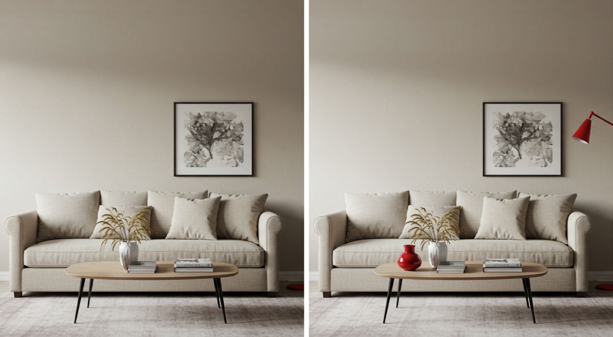 Before and after comparison showing how a single cherry red accent piece transforms a neutral room's visual appeal.