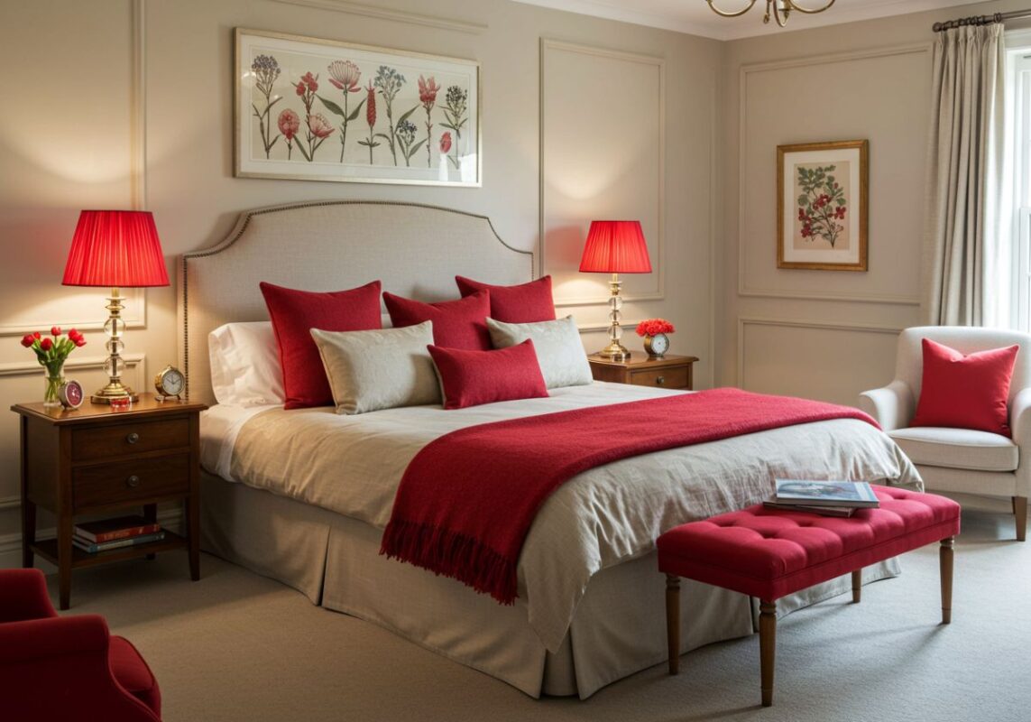 Calming bedroom design with strategic cherry red accents including pillows, a throw, and lampshades.