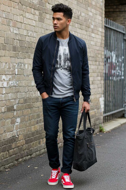 A man in street style outfit with cherry red sneakers as accent piece.