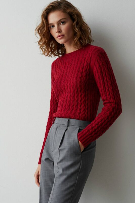 A model wearing a cherry red sweater paired with cool gray trousers.