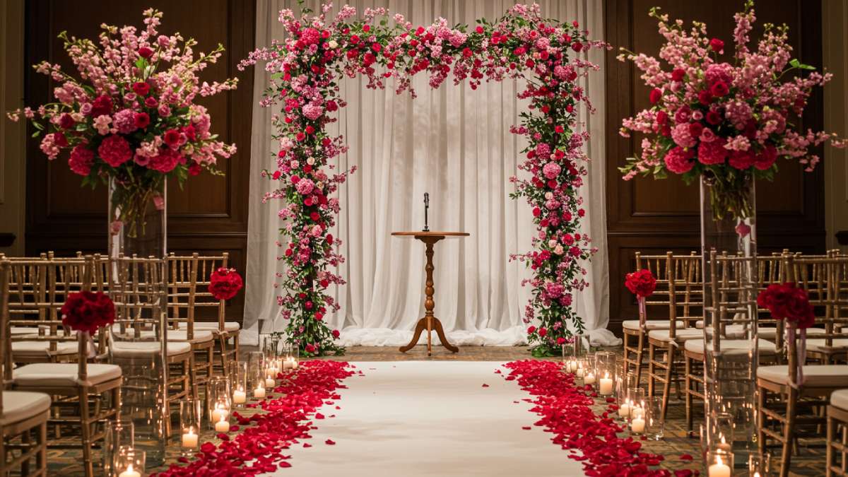 Wedding ceremony setup featuring a floral arch with cherry blossoms, red rose petals along the aisle, and dramatic red drapery backdrop.
