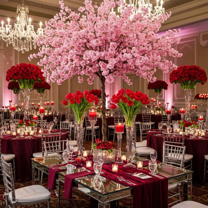 Luxury wedding reception featuring mirrored tables, red tulip centerpieces, cherry red candles, and a statement cherry blossom tree centerpiece.