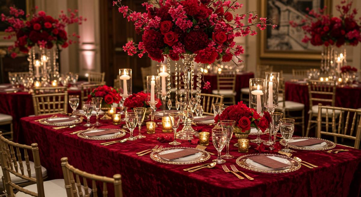 Wedding reception table featuring cherry red decor, gold accents, and dramatic floral centerpieces showcasing the Cherry Coded trend.