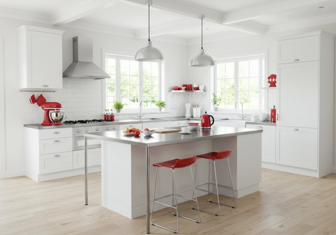 Contemporary white kitchen featuring cherry red appliances and accessories for a vibrant cooking space.