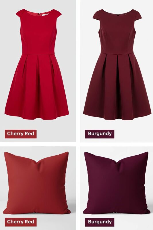 Visual comparison between cherry red and burgundy colors shown through fashion items and paint swatches.