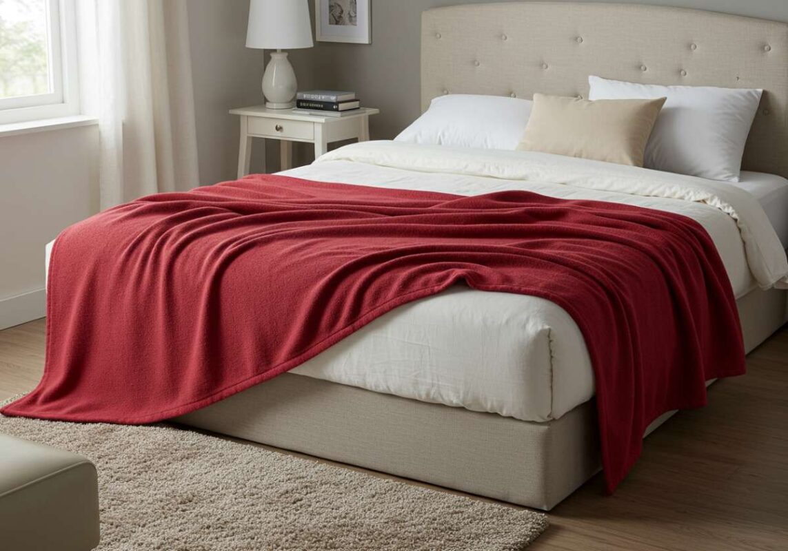 Cozy bedroom with a soft cherry red blanket draped over the bed, adding warmth and a vibrant pop of color to the neutral-toned space.