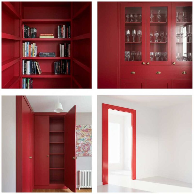 Four creative applications of cherry red in home design including bookshelf backing, cabinet interiors, closet accent wall, and painted door frame.