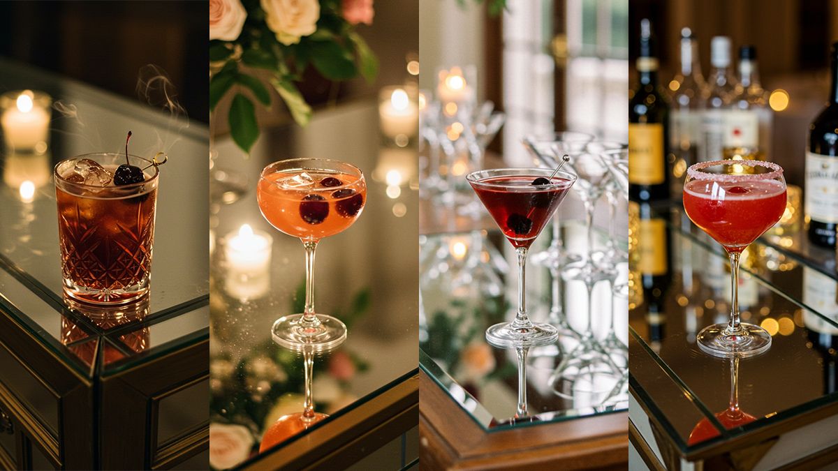 Four signature wedding cocktails in different shades of red and pink, featuring cherry as the main ingredient.