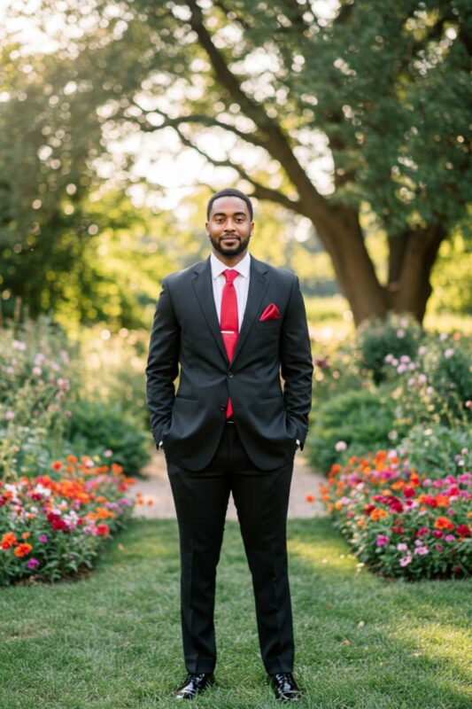 A groomsman in a sharp black tux with cherry red pocket square and tie.