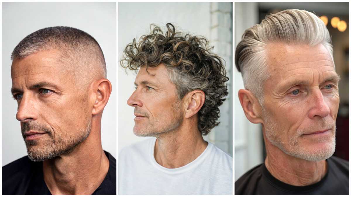Collage of buzz cut, curly shag, and slicked back top hairstyles.