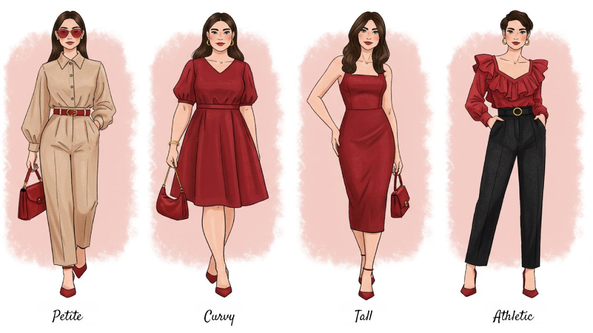Fashion illustration showing how to style cherry red clothing for different body types including petite, curvy, tall, and athletic figures.