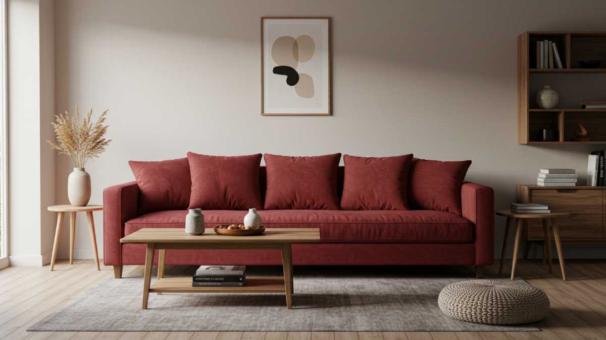 Modern living room interior design featuring a cherry red velvet sofa as the main statement piece against neutral surroundings.