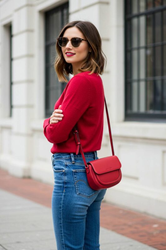 Stylish model in a cherry red sweater tucked into classic blue jeans, accessorized with a matching cross-body bag, posing in a bright urban street scene.