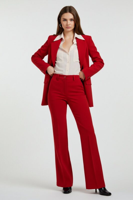 Confident model in a striking cherry red suit, styled minimally with understated makeup, posing against a clean backdrop that highlights the bold 1970s-inspired silhouette.