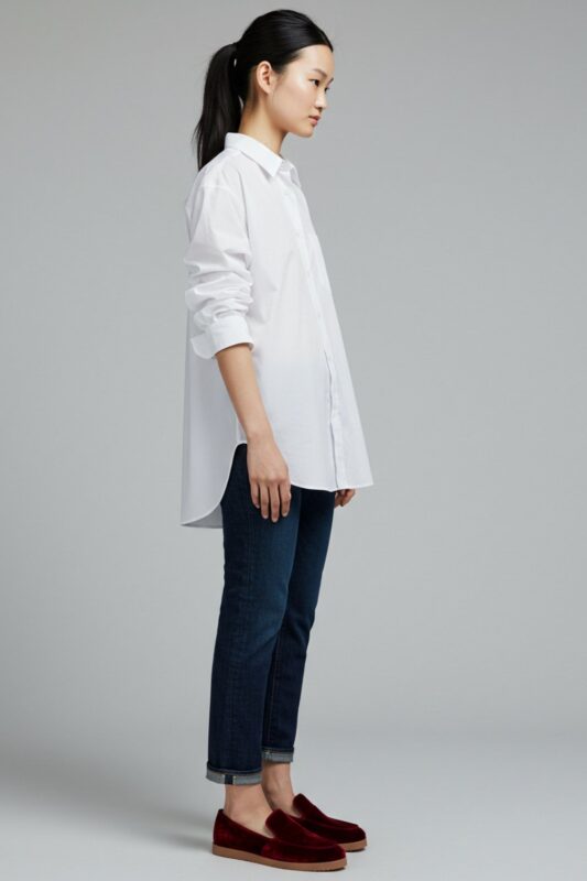 Studio shot of a model in profile, wearing dark wash jeans, an oversized white button-down, and velvet cherry red loafers against a neutral gray backdrop.
