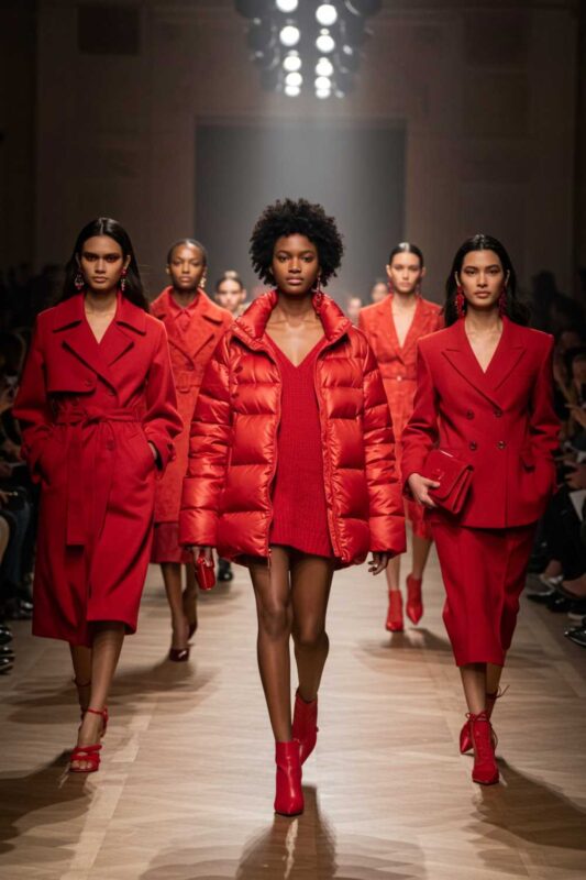 Models wearing cherry red clothing and accessories from 2025 designer collections.