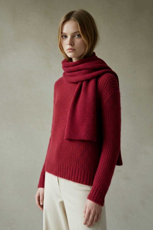 Model embracing the monochromatic cherry trend in a cozy sweater and scarf, paired with neutral trousers.