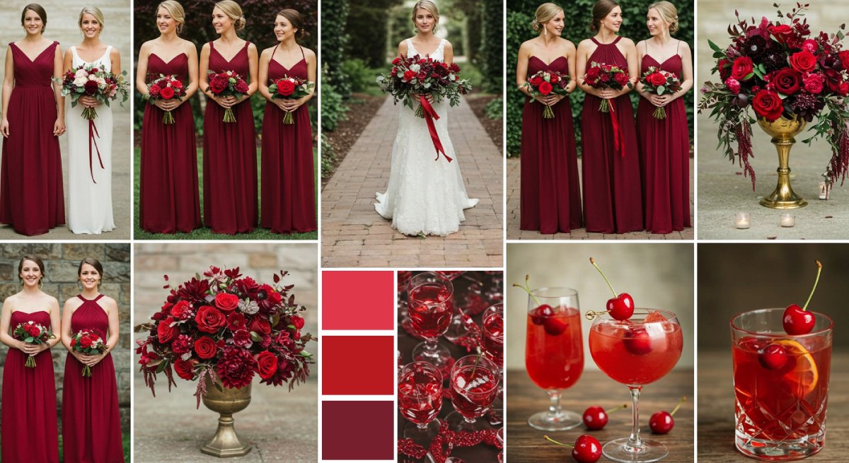 Mood board displaying Cherry Coded wedding inspiration including dresses, decor, and color palette options.