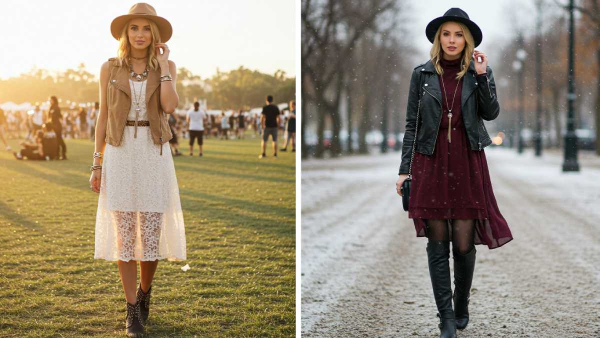 Moto Boho style through seasons—lace and leather for summer festivals; turtleneck, burgundy dress, and boots for winter streets.