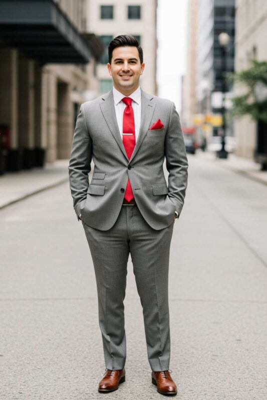 A man in neutral suit with cherry red tie and pocket square.