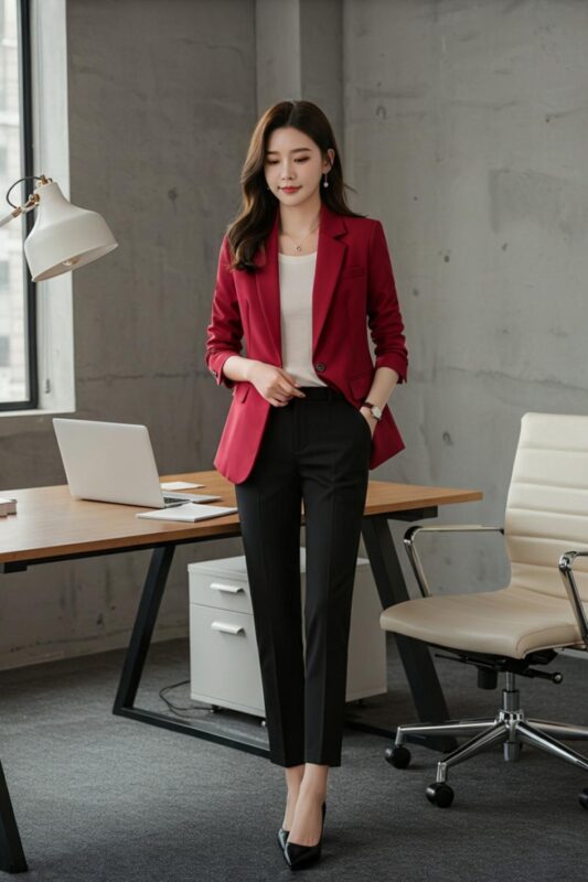 Professional woman in office setting wearing a cherry red blazer with black trousers demonstrating workplace-appropriate styling.