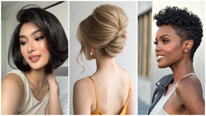 Collage of three young women with the old money bob, loose French twist, and pixie hairstyles.