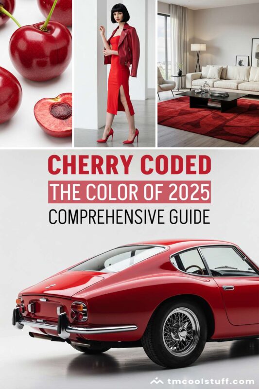 Collage highlighting the 2025 'Cherry Coded' trend—cherry red fashion, interior design, and a sleek car come together in bold harmony.