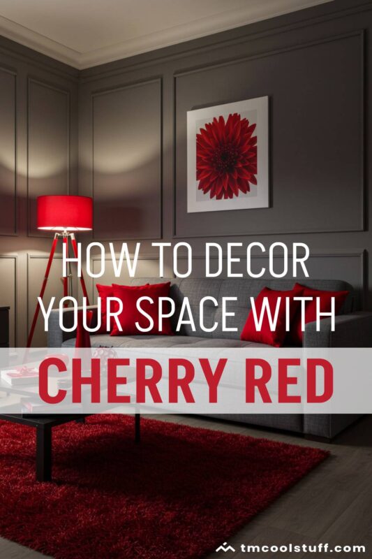 Cozy modern living room featuring cherry red throw pillows, a plush red rug, and elegant red decor pieces.
