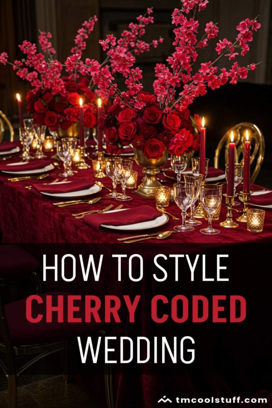 A table with a rich cherry red velvet tablecloth, gold cutlery, crystal glassware, deep red roses and cherry blossoms.