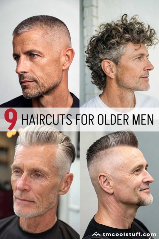 Collage of four older men showcasing different stylish hairstyles, including a buzz cut, curls, slicked back, and flat top.