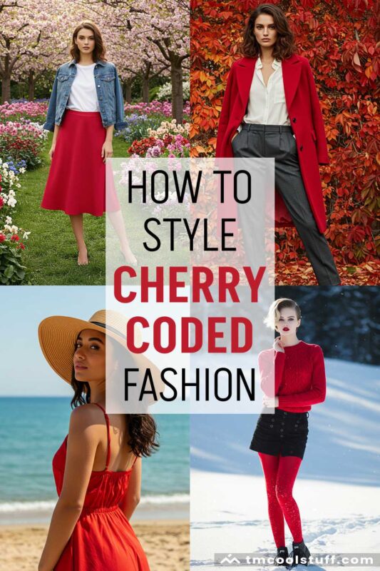 A collage of cherry red fashion through the seasons.