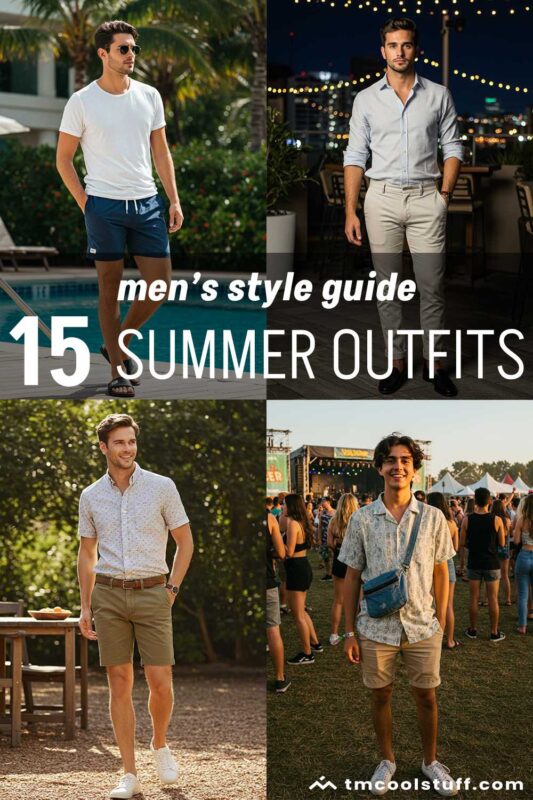 Collage showing four different stylish men's summer outfit ideas.