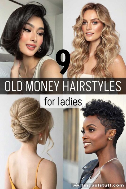 Collage of four women with different hairstyles, including the old money bob, brushed-out waves, French twist, and pixie.
