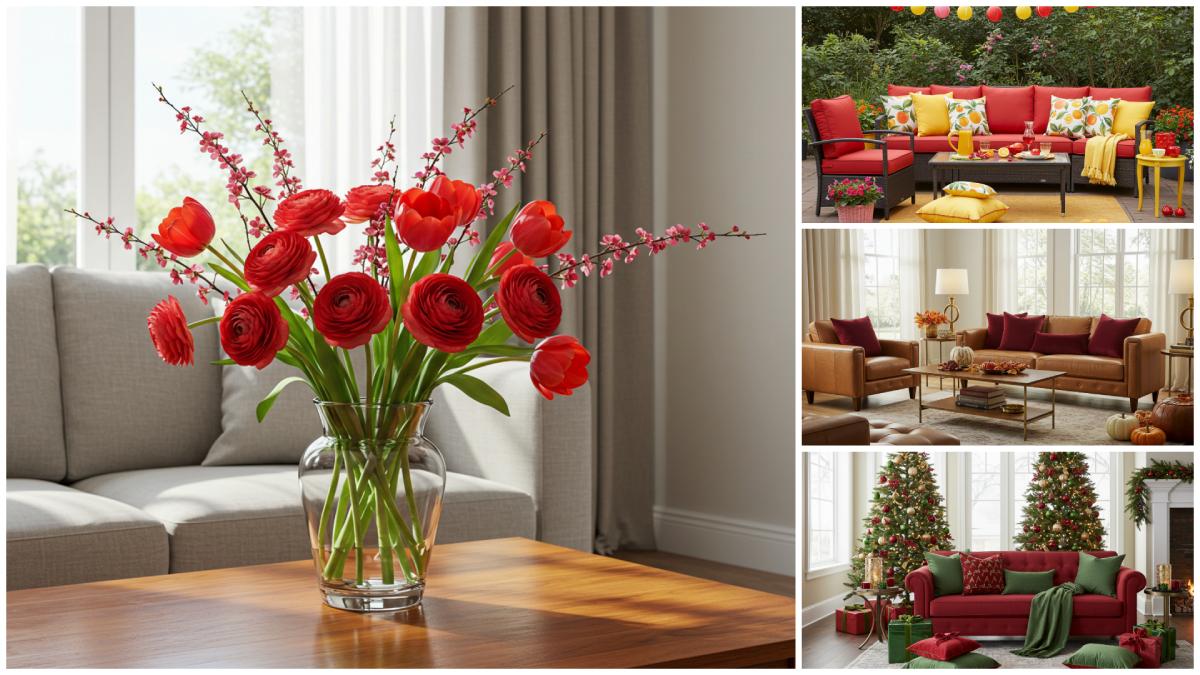 Four seasonal styling boards showing how to incorporate cherry red into home decor across spring, summer, fall, and winter.