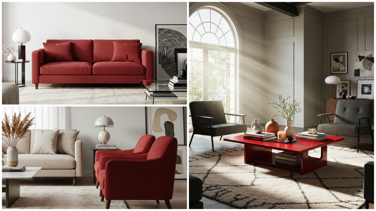 Collection of living room designs featuring cherry red furniture pieces from bold sofas to accent chairs and tables.