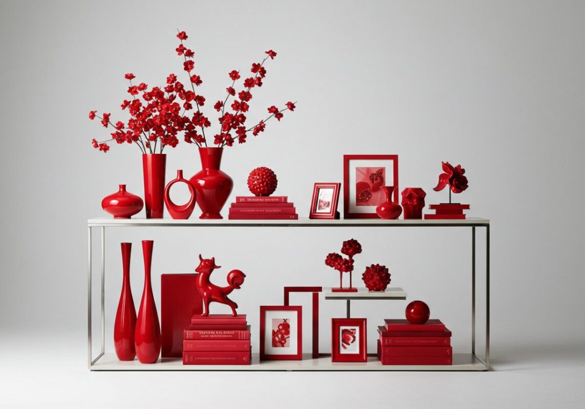 Styled shelf displaying various cherry red decorative accessories artfully arranged against neutral surroundings.