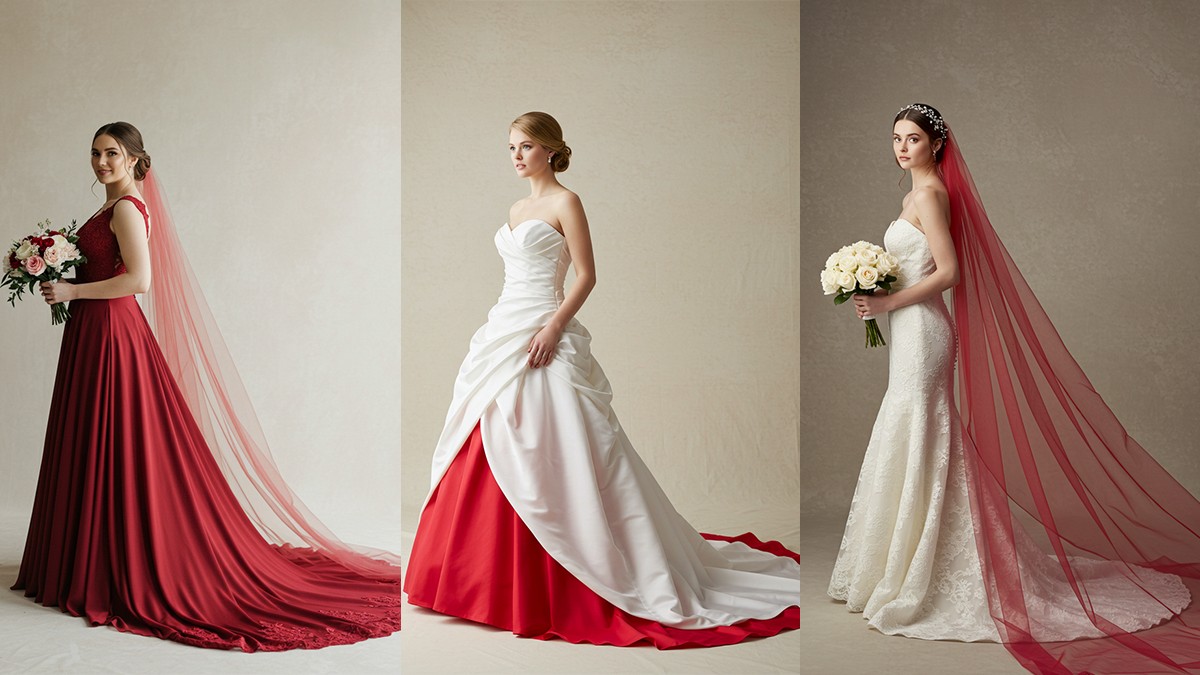 Three bridal styles showcasing different ways to incorporate cherry red into wedding attire, from full red gowns to colored veils.
