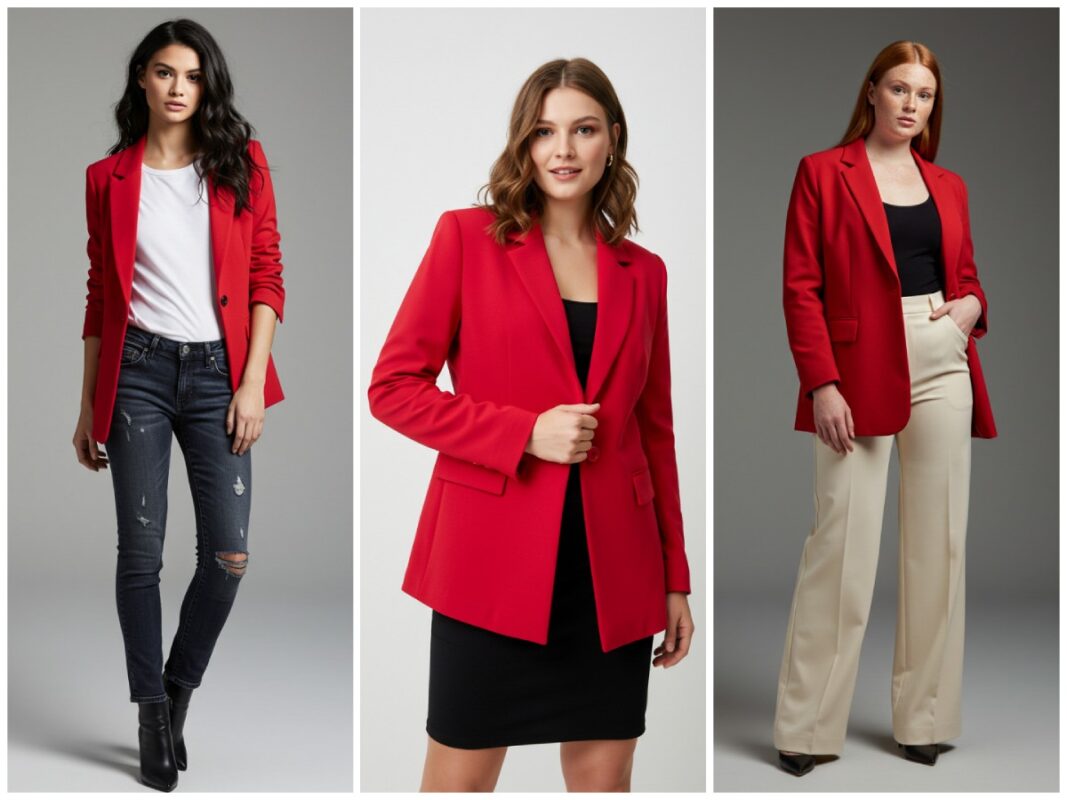 Three outfit variations featuring a cherry red blazer styled differently - casual with jeans, dressed up over a black dress, and business chic with wide-leg trousers.
