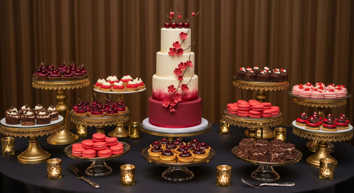 Luxury wedding dessert display featuring cherry-themed sweets including cake, tarts, macarons and mini Black Forest cakes.