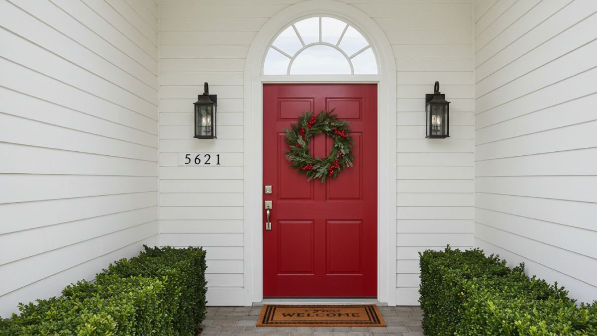 Welcoming entryway featuring a cherry red front door and coordinating accents creating an impactful first impression.
