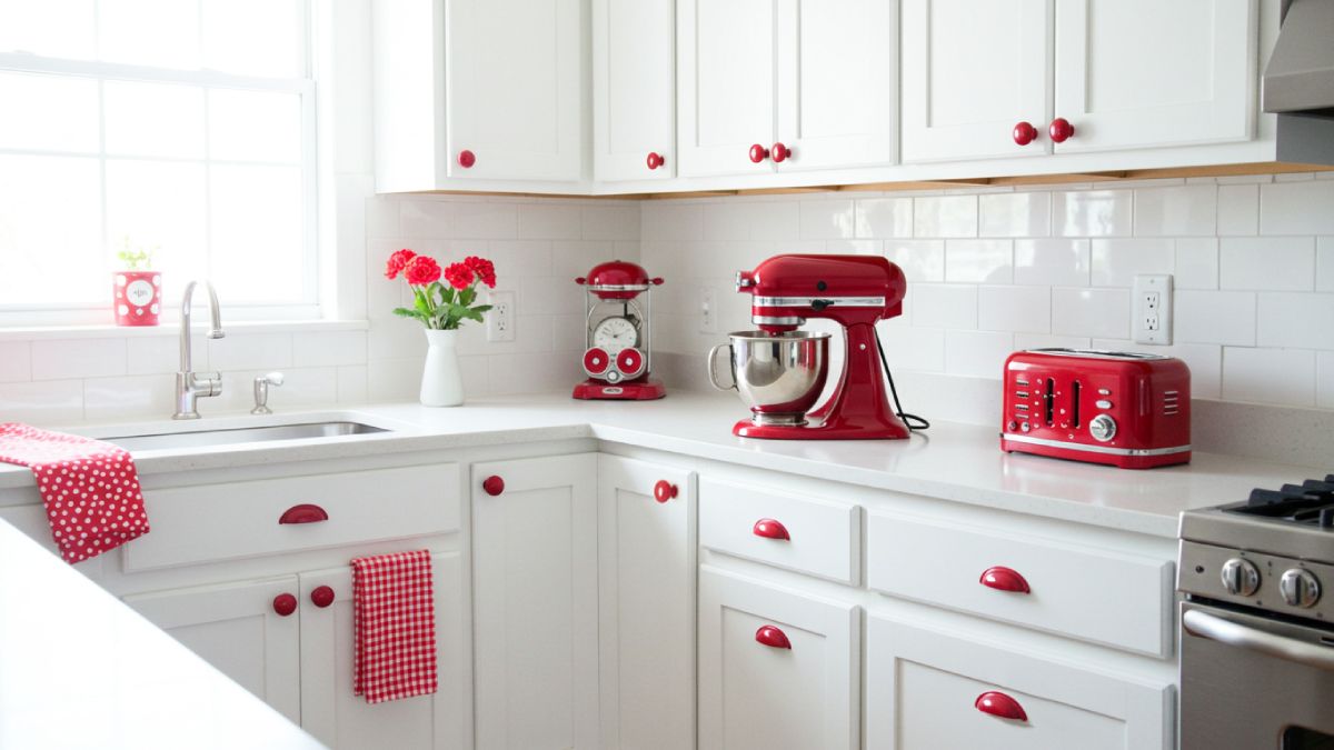 White kitchen featuring cherry red appliances and accessories including a stand mixer, toaster, cabinet hardware, and textiles.