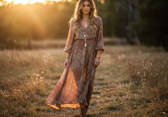 Young woman wearing modern boho outfit with flowing maxi dress and layered jewelry.