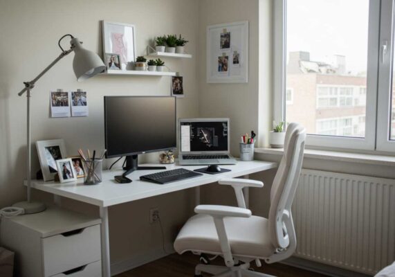 Bright modern home office corner setup with desk, chair, monitor, and plants in natural lighting.